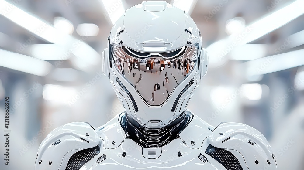 Poster futuristic humanoid robot in sleek design with reflective visor showcasing technology and innovation