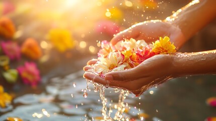 Hands Pouring Water with Flower Petals During Thai Songkran Festival, Symbolizing Renewal and Joy