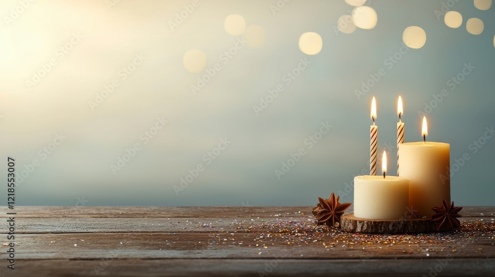 Poster elegant arrangement of candles on a wooden table with soft bokeh background and sparkling decoration