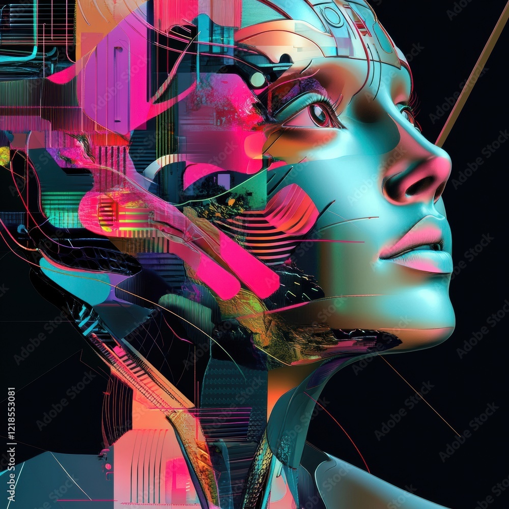 Poster futuristic humanoid figure with vibrant colors and intricate circuitry represented in digital art. g