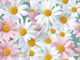 A Seamless Pattern of White Daisies with Yellow Centers, Gray Stems, and Gray Leaves on a Beige Background