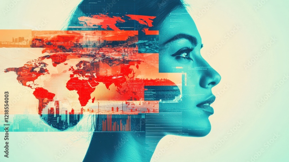 Poster futuristic portrait of a woman merging with digital world map and data visualizations in bright colo