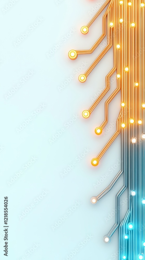 Poster abstract technology background with circuit lines and glowing nodes in orange and blue color palette
