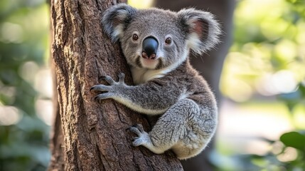 Obraz premium Adorable koala joey clinging to tree trunk in lush forest