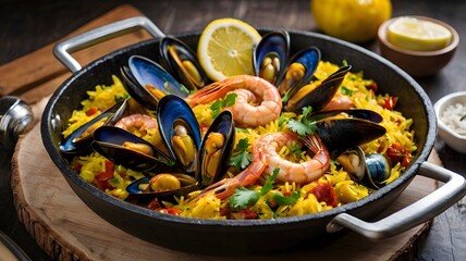 A traditional Spanish paella with saffron rice, shrimp, mussels, and chorizo. 
