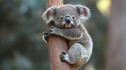 Naklejka premium Adorable koala joey clings to eucalyptus, forest background, wildlife poster