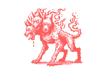 Fototapeta premium Cerberus three-headed dog hand drawn sketch vector