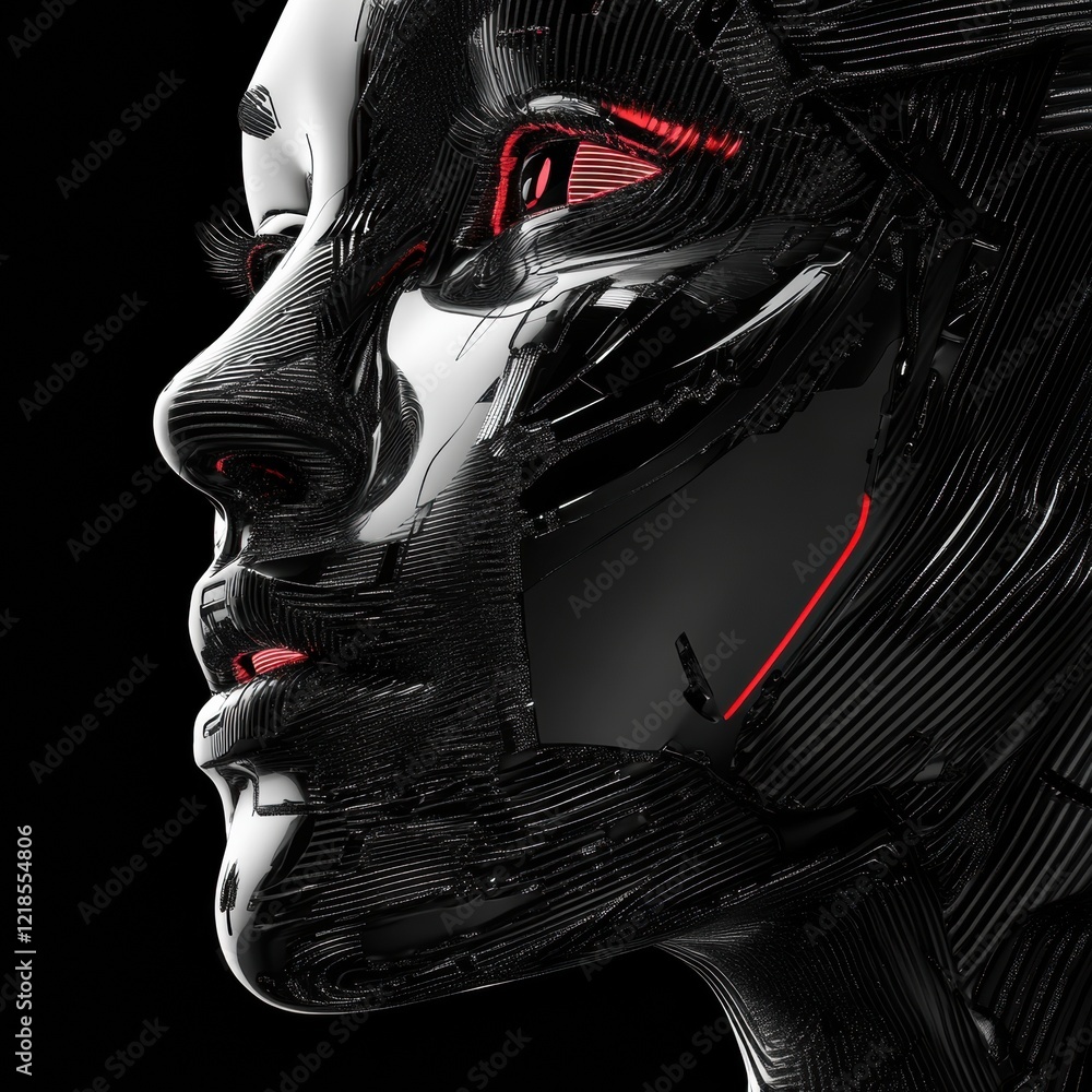 Aufkleber robot face with intricate details and glowing red elements highlighted against a dark background. ge