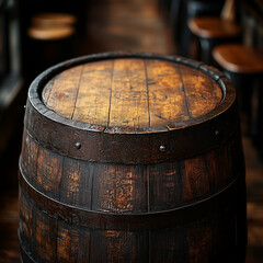 Fototapeta premium Rustic wooden barrel with detailed grain and texture in a cozy interior setting