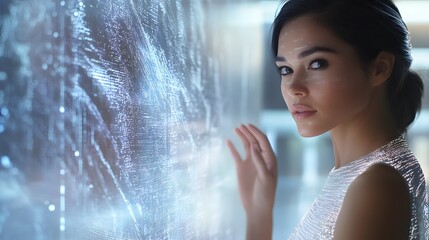 A young woman in a shimmering dress interacts with a futuristic, translucent screen displaying complex data.  She gazes intently, exploring digital information.