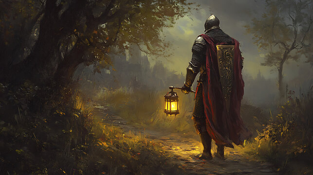 A glowing lantern lighting the path of a knight, guiding their pledged journey. (3)