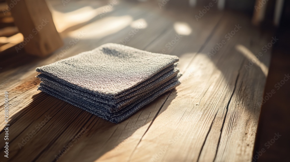 Poster a neatly stacked set of soft towels resting on a rustic wooden table in a sunlit room