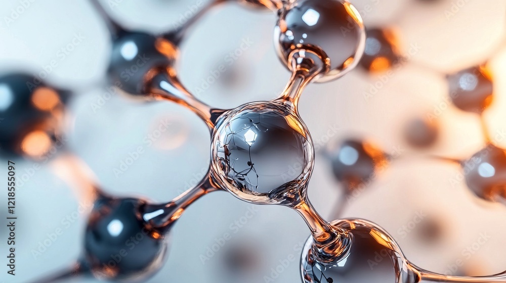 Poster close-up view of abstract molecular structure with transparent spheres and connections in soft light