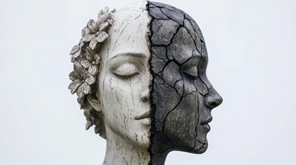 Obraz premium Sculpted Profile of a Woman Split into Contrasting Textures and Patterns of Beauty and Decay