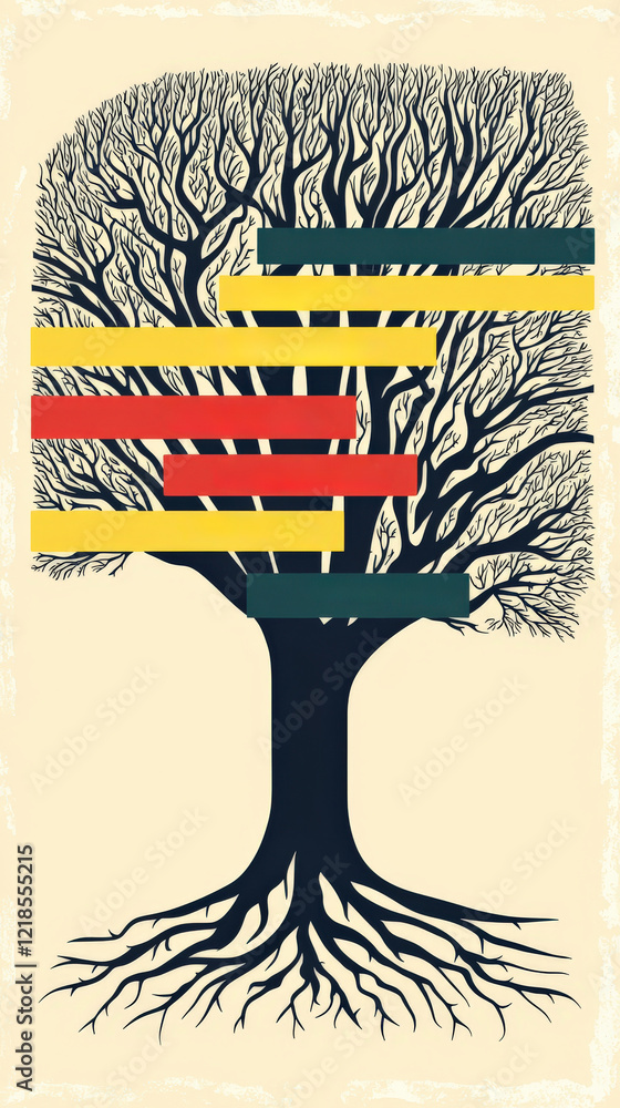 Poster artistic representation of a tree with colorful bars on a light background for creative design proje