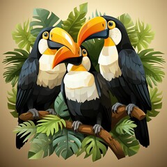 Three Stunning Toucan Birds in the Bushes in a Beautiful Poly Style
