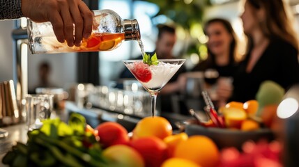 A bartender pouring a classic martini, vibrant garnishes prepared on the counter, and guests enjoying conversations.