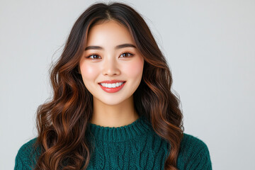 Fototapeta premium Portrait of a beautiful smiling Asian woman in a teal - Ideal for beauty and lifestyle blogs