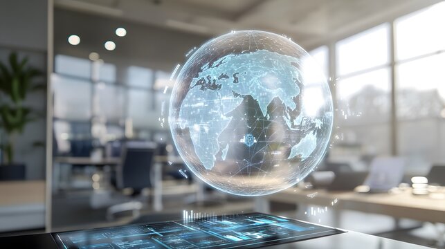 A holographic globe floats above a digital interface in a modern office, representing global connectivity and data visualization. Futuristic technology concept.