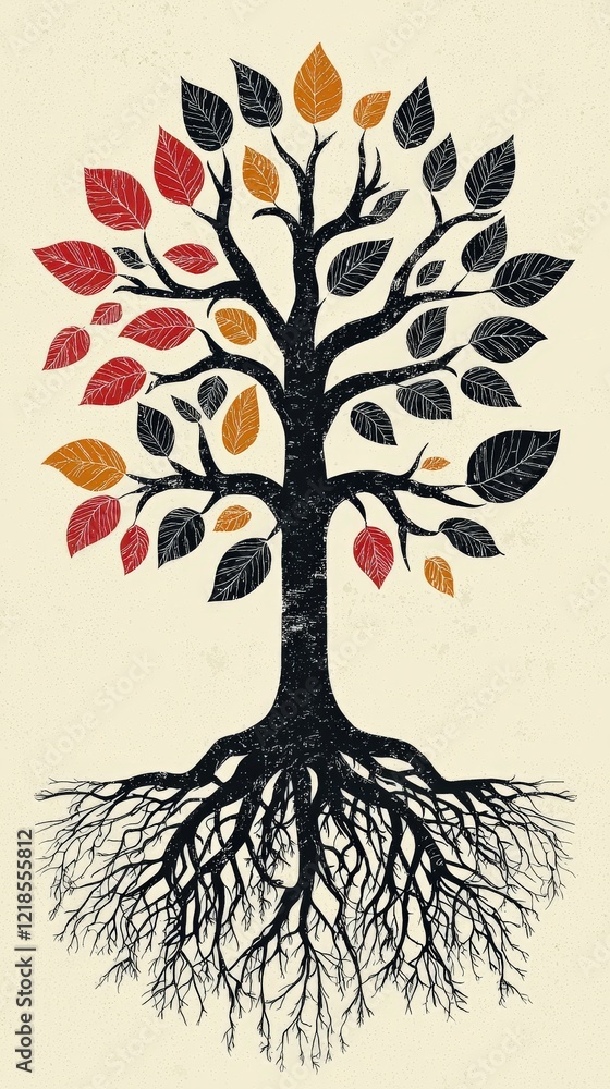 Poster artistic representation of a tree with colorful leaves and roots on a textured background