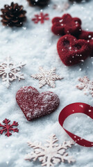 Snowflake heart design with red ribbon in snowy landscape: Snowy Valentines Day Aesthetics