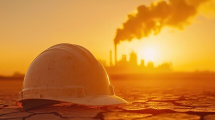 Obraz premium A hard hat rests on a cracked ground as smoke billows from industrial chimneys against a vibrant sunset backdrop.