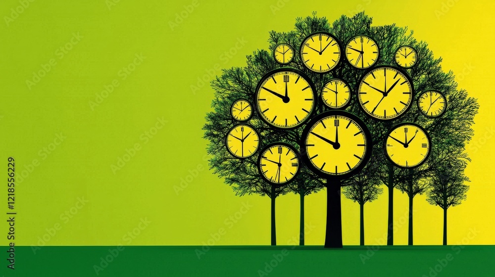 Poster artistic representation of time with clocks integrated into a tree against a vibrant green backgroun