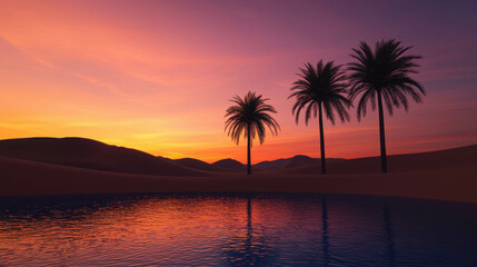 Serene Sunset Over Oasis with Swaying Palm Trees and Desert Landscape