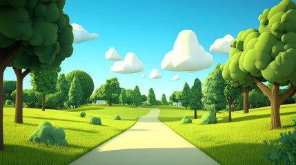 sunny cartoon landscape with trees and winding path