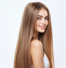 A beautiful woman with long, straight hair looks over her shoulder