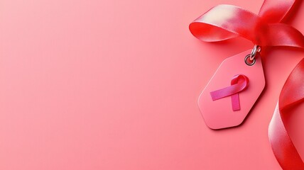 Fototapeta premium A pink ribbon and tag symbolize awareness, often associated with breast cancer campaigns, set against a soft pink background.