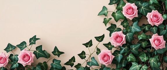 Ivy leaves with pink roses displayed on a plain cream background