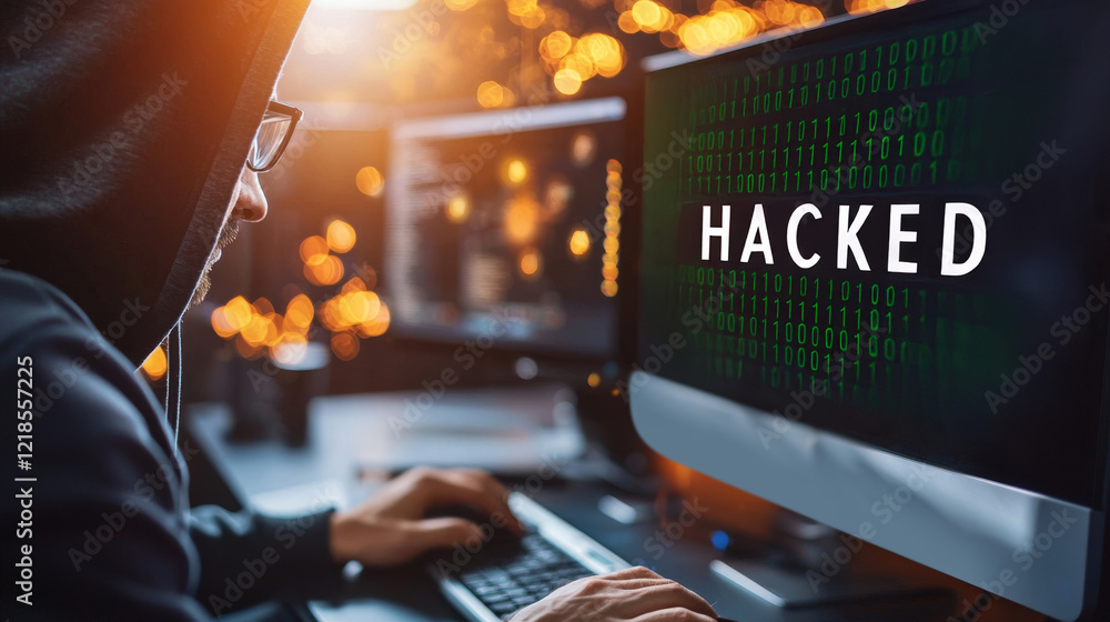 Poster cyber security threat concept with hacked computer and hacker in dark hoodie environment