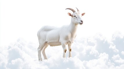 Obraz premium Goat standing on fluffy clouds against a bright white background in a serene and peaceful atmosphere
