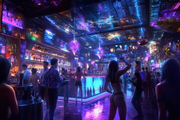 Naklejka premium A bustling nightclub bar with vibrant lights, energetic dancing, and bartenders juggling bottles for flair.