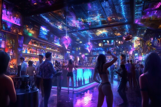 A bustling nightclub bar with vibrant lights, energetic dancing, and bartenders juggling bottles for flair.