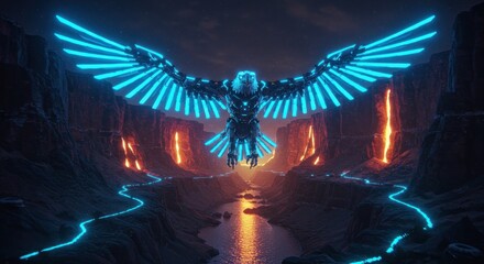 Obraz premium Cybernetic Eagle Soaring: Neon Wings Over Lava Canyon