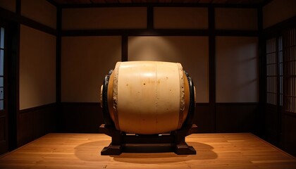 Traditional Taiko drum displayed in Japanese-style room.