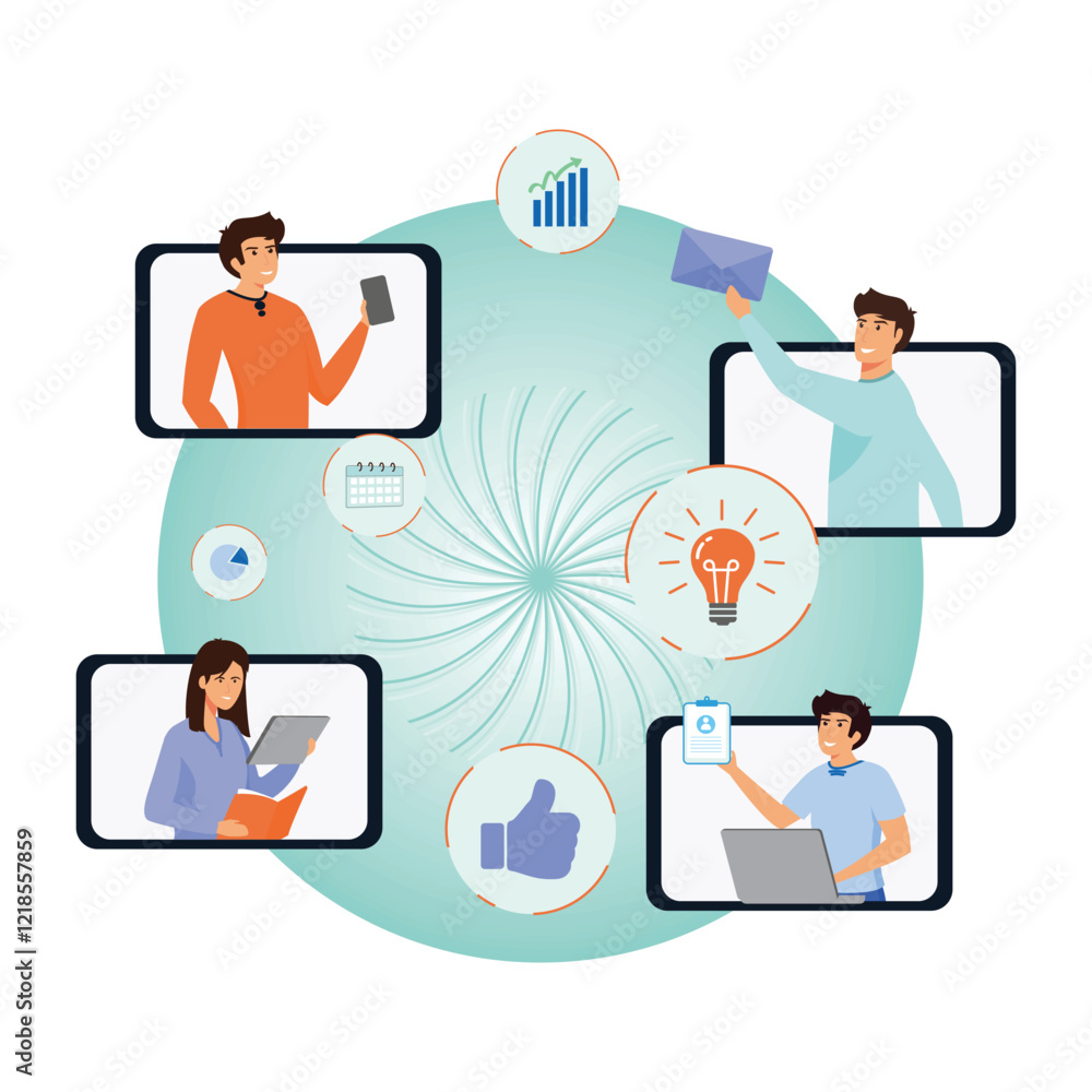 Poster collaborative teamwork featuring networking and data sharing concepts.