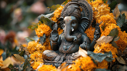 A close-up of a serene Ganesh idol surrounded by flowers, symbolizing divine presence and inner peace during the festival 