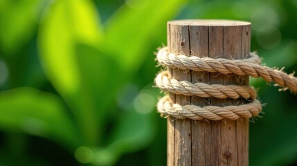 Wooden post secured with natural fiber rope against a vibrant green backdrop