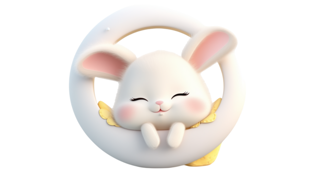 Adorable Cartoon Bunny Sleeping on Crescent Moon Nursery Decor Childrens Book Illustration Sweet Dreams Fantasy Art - Powered by Adobe