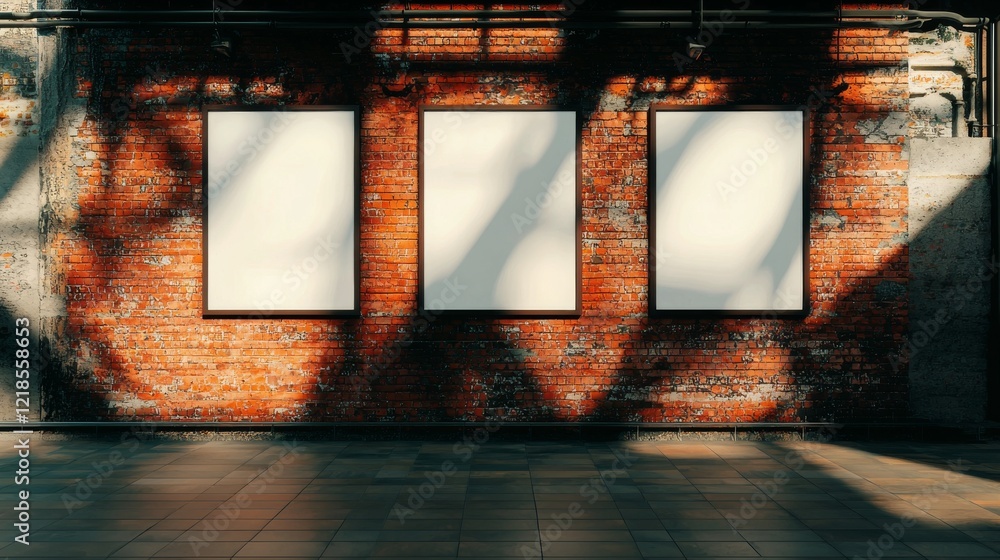 Poster empty gallery space with three blank frames on textured red brick wall and natural light shadows