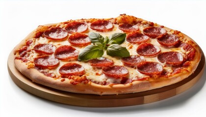 Delicious pizza with salami, sausages, mozzarella and tomato sauce, isolated on white background