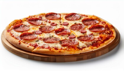 Delicious pizza with salami, sausages, mozzarella and tomato sauce, isolated on white background
