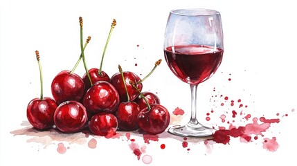 A Watercolor Painting Of Cherries And Red Wine
