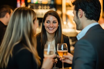 A casual after-work social event with professionals toasting drinks in a chic bar, sharing laughter and stories.