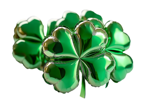 St.Patrick 's Day party decoration. Green balloons of clover leaf shapes. Holiday and celebration concept. Metallic air balloons. - Powered by Adobe