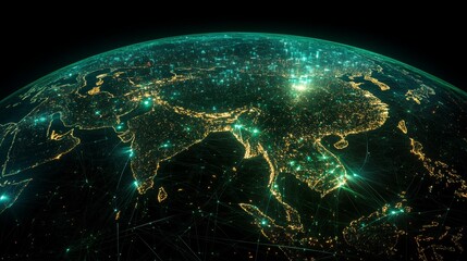 Abstract visualization of planet Earth highlighting Asian cities with vibrant lights against a dark backdrop