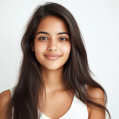 Naklejka premium a smiling Indian woman with long, straight black hair flowing around her shoulders. She stands against a clean, white background
